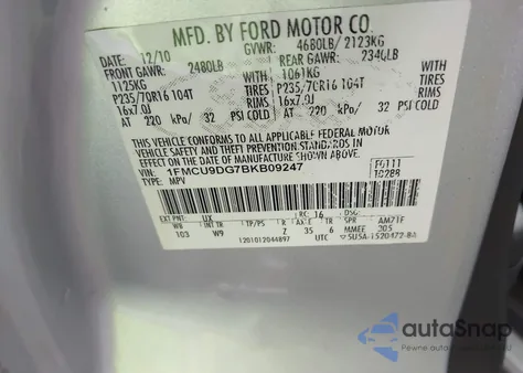 2011 Ford Escape Xlt из США, поврежденный, VIN 1FMCU9DG7BKB09247